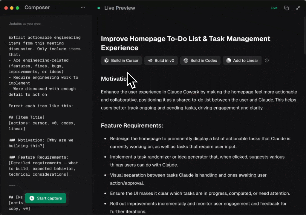 Animated view of sending an Earmark artifact into Cursor from the meeting workspace.