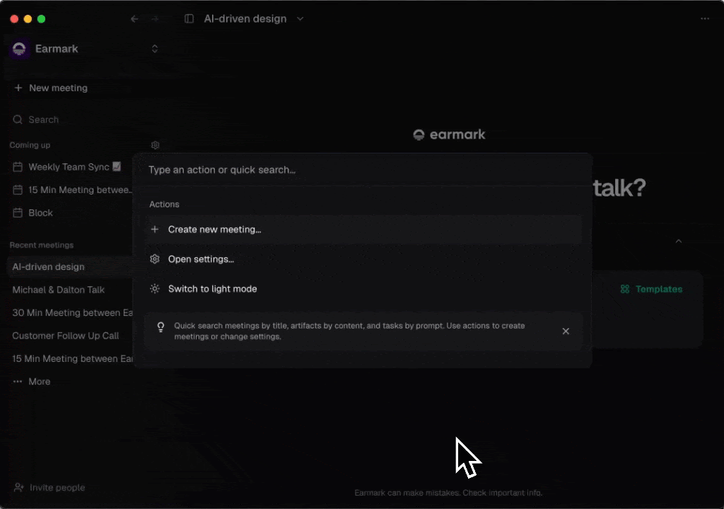 Animated view of the Earmark command menu used to search meetings and run quick actions.