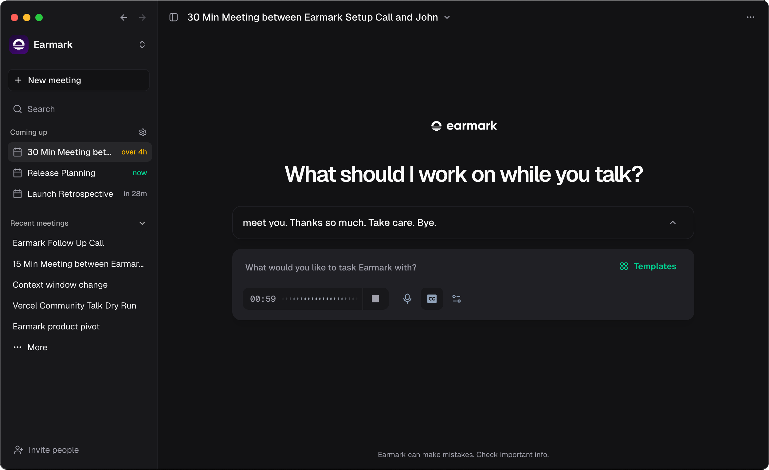 Earmark 2.0 workspace showing upcoming meetings, recent meetings, and live capture controls in a single window.