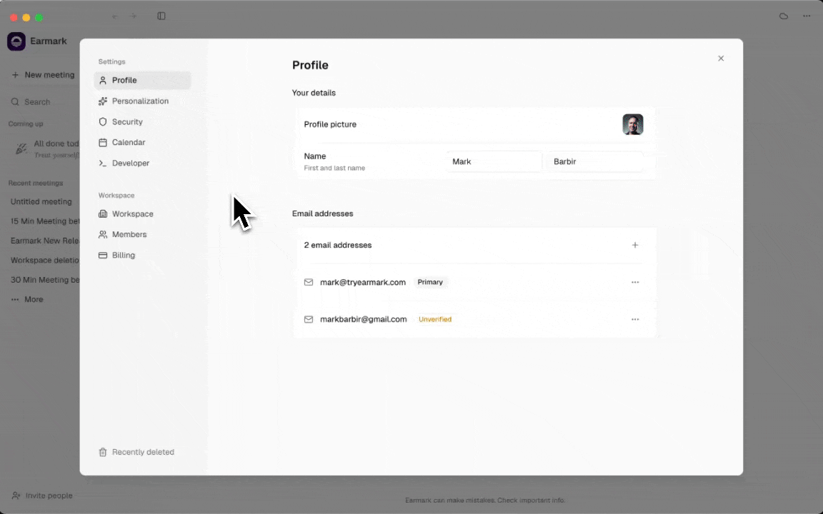 Settings Personalization showing the Role field, About you bio textarea, and tone settings.