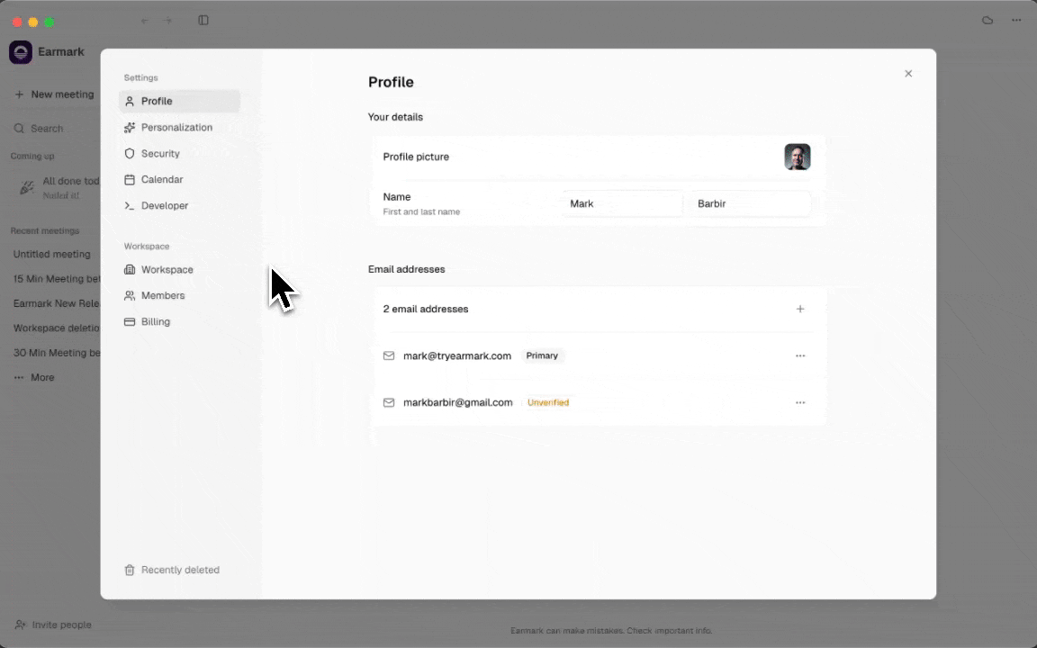 Settings Workspace showing the company vision textarea at the admin level.