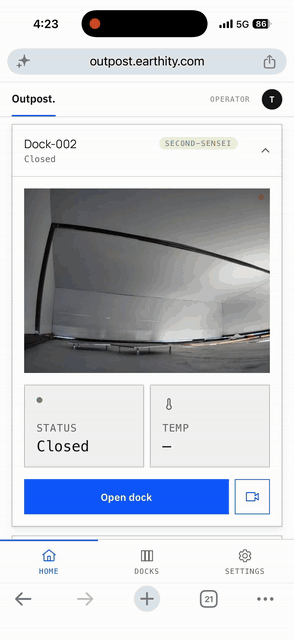 A phone dashboard opening Dock-002: a confirmation sheet, then the pad camera showing the lid rising, then a status of Open.