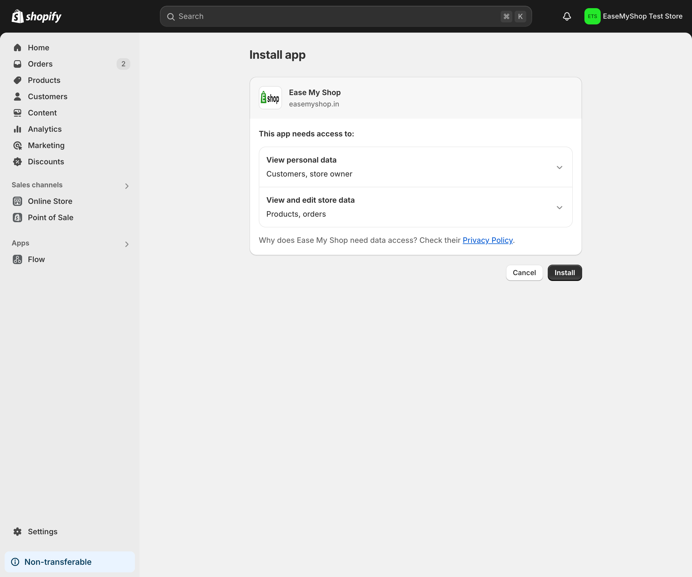 EaseMyShop Install Button