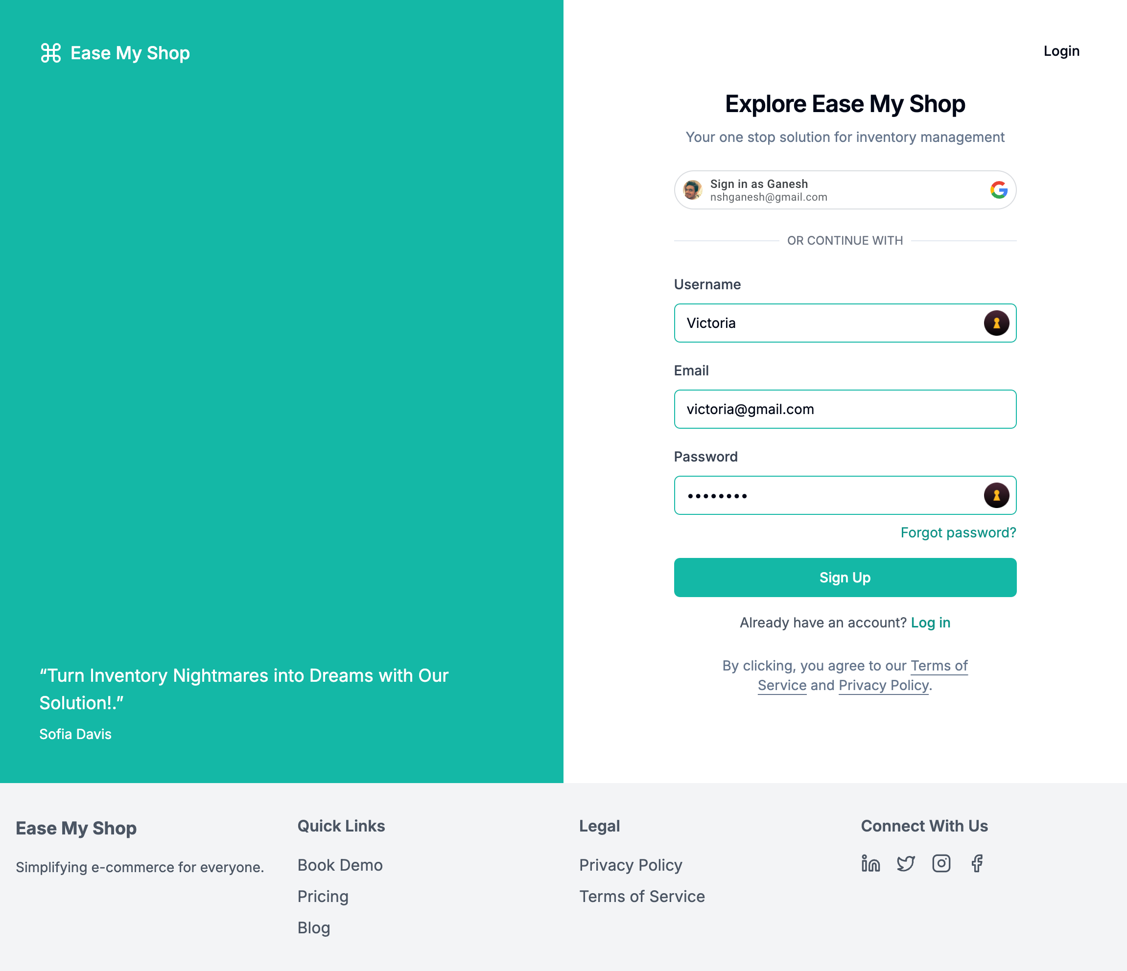 EaseMyShop Sign-up Page