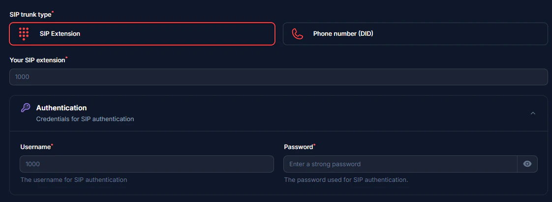 Fill in your details based on your integration type