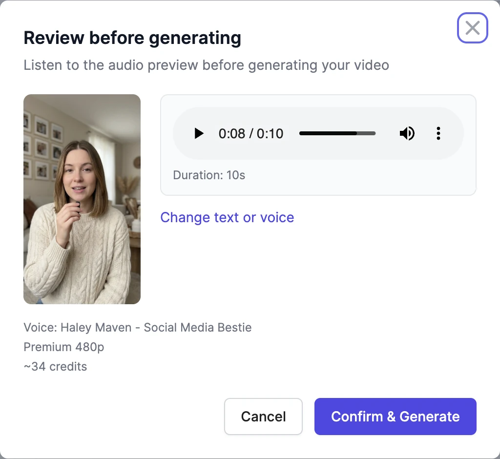 The Review before generating window: the actor, an audio player with the 10-second preview, a Change text or voice link, the voice, Premium 480p, about 34 credits, and Cancel and Confirm & Generate buttons