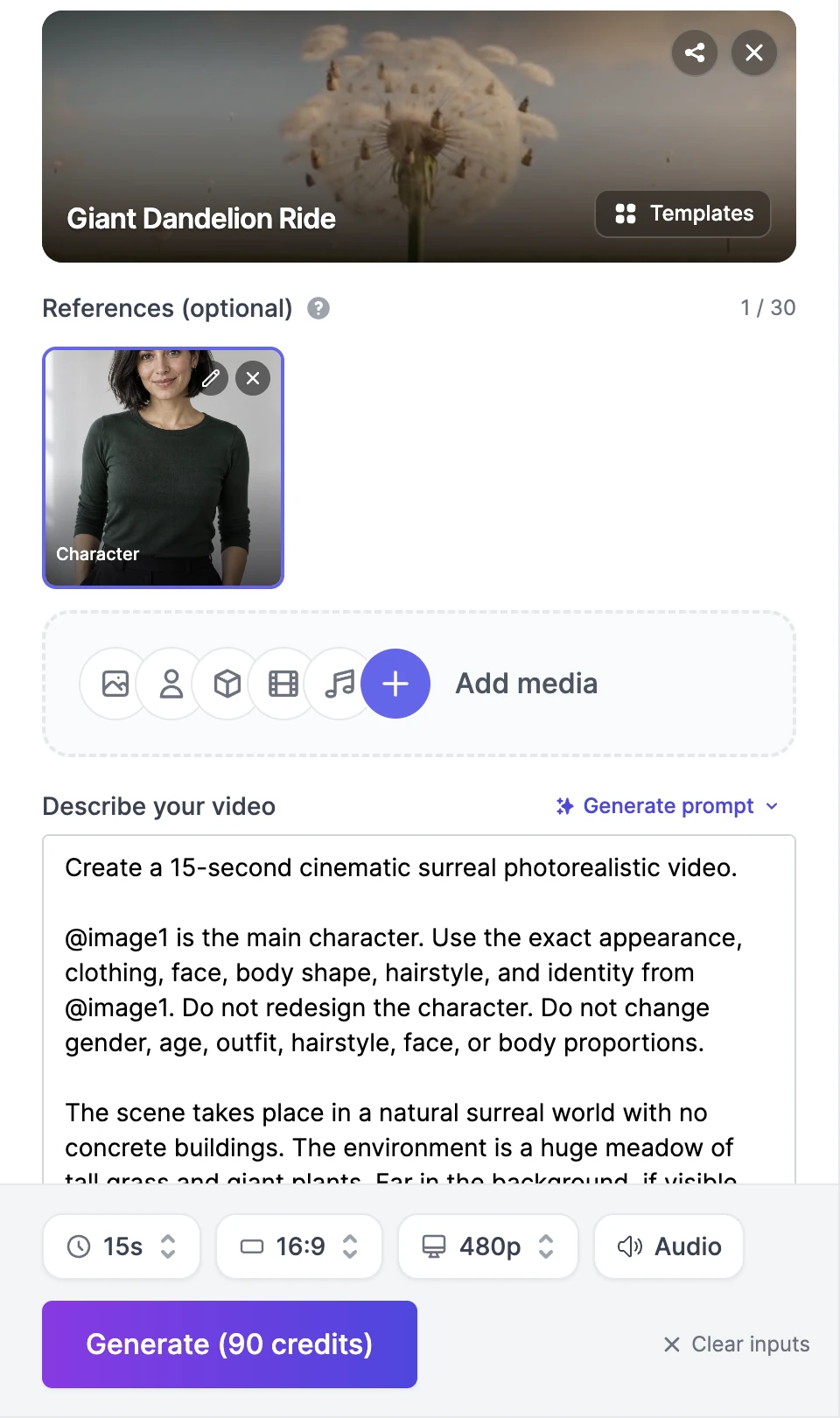 A reference labelled Character under References (optional) with a 1 / 30 counter, and a prompt that begins Create a 15-second cinematic surreal photorealistic video. @image1 is the main character