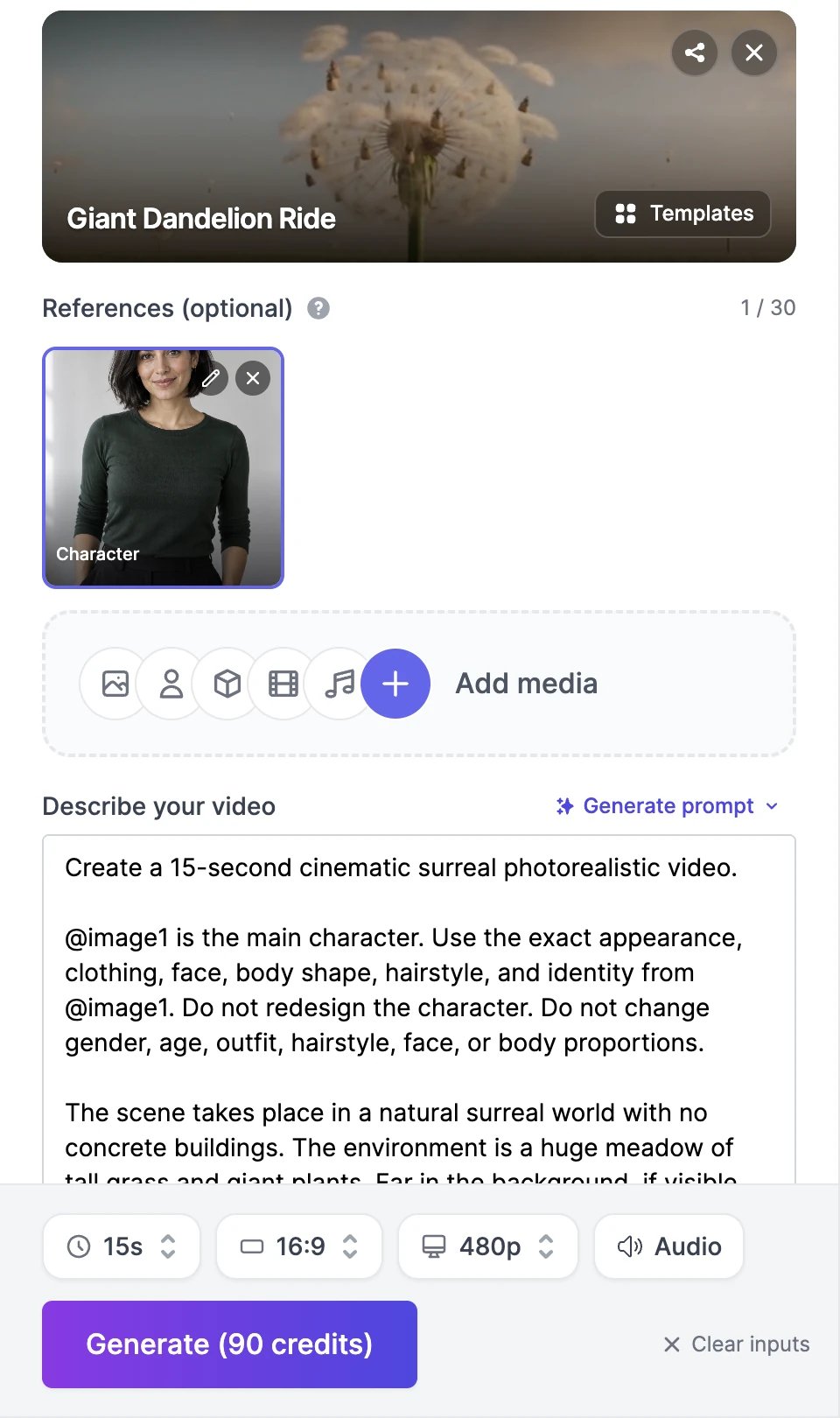 A reference labelled Character under References (optional) with a 1 / 30 counter, and a prompt that begins Create a 15-second cinematic surreal photorealistic video. @image1 is the main character