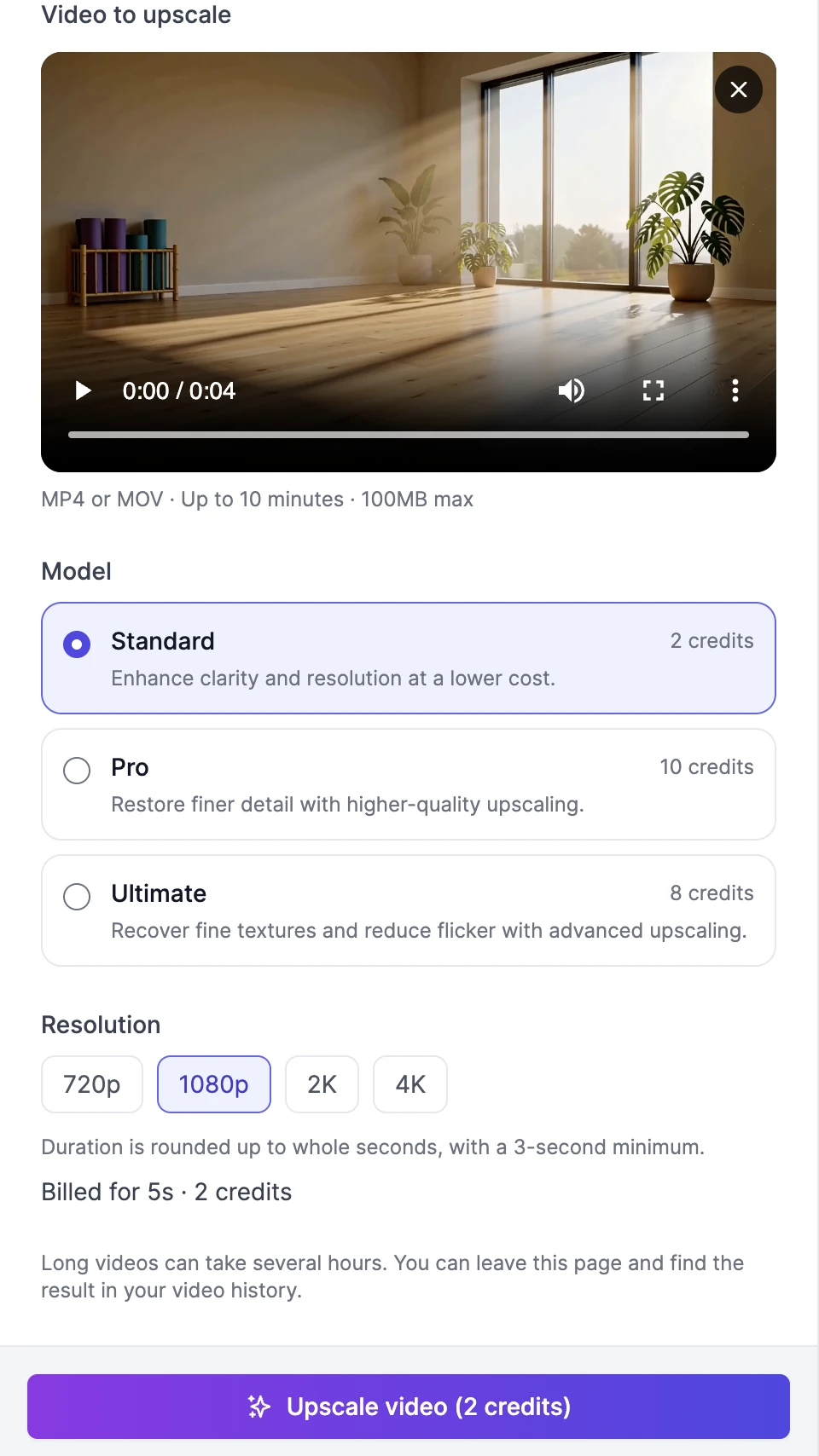 Upscale Video with the yoga studio clip under Video to upscale, model cards Standard (2 credits), Pro (10 credits), and Ultimate (8 credits), Resolution 720p, 1080p (selected), 2K, and 4K, the note Billed for 5s · 2 credits, and an Upscale video (2 credits) button