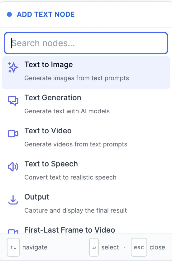 The Add text node list that opens after dropping a connection, with Search nodes and the options Text to Image, Text Generation, Text to Video, Text to Speech, Output, and First-Last Frame to Video
