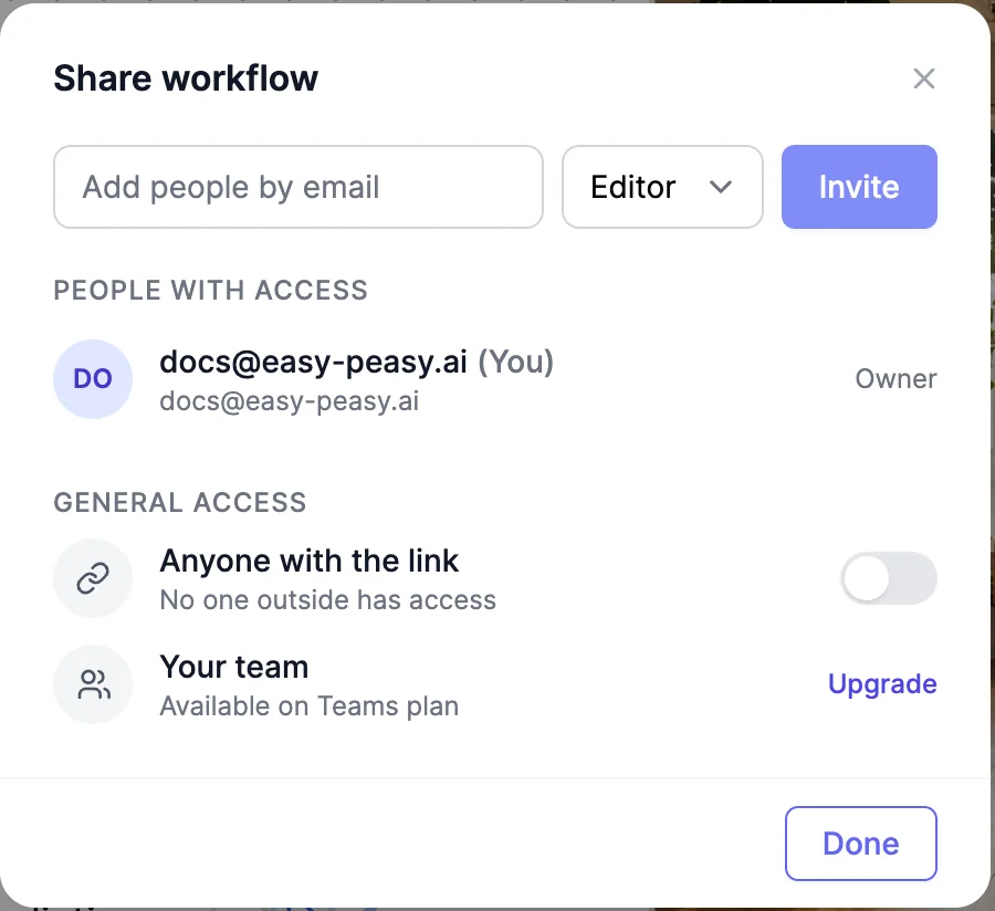 The Share workflow window: Add people by email with the role Editor and an Invite button, People with access listing the owner, and General access with Anyone with the link off and Your team available on the Teams plan with an Upgrade link