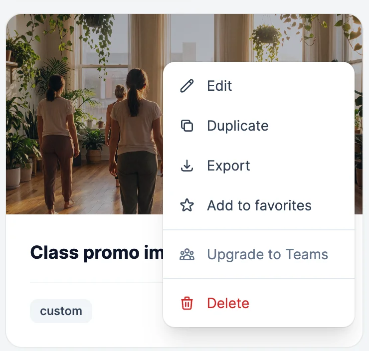 A workflow card, Class promo image, with its menu open: Edit, Duplicate, Export, Add to favorites, Upgrade to Teams, and Delete