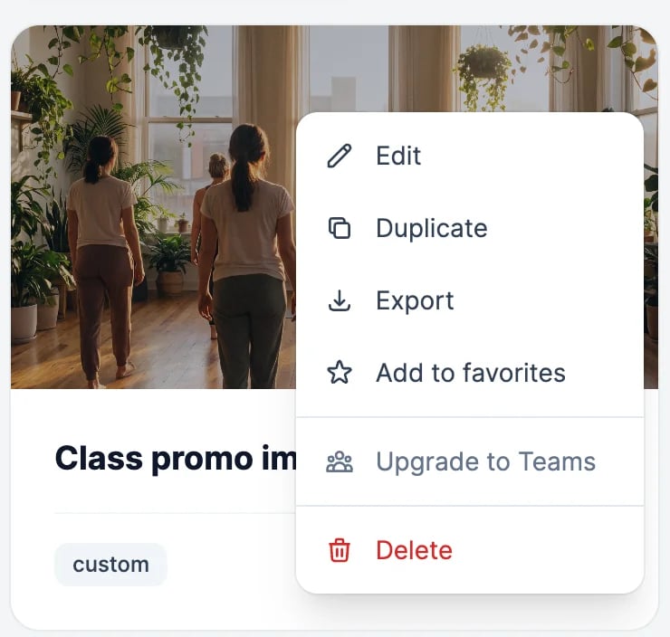 A workflow card, Class promo image, with its menu open: Edit, Duplicate, Export, Add to favorites, Upgrade to Teams, and Delete