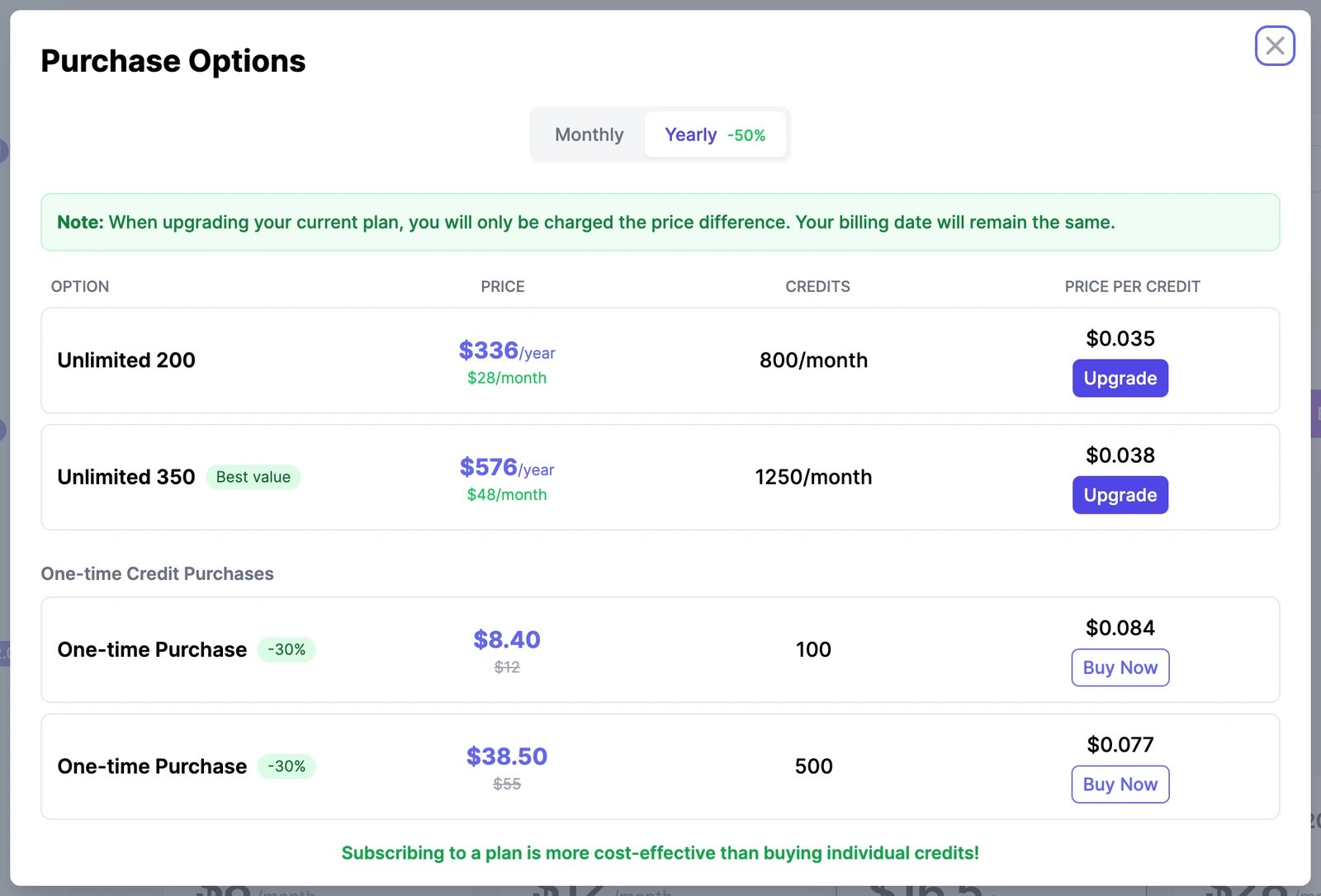The Purchase Options dialog: plan upgrades with credits per month, and one-time purchases of 100 and 500 credits with a Buy Now button