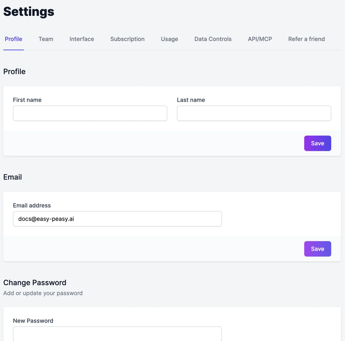 Settings on the Profile tab: the tabs Profile, Team, Interface, Subscription, Usage, Data Controls, API/MCP, and Refer a friend, then First name and Last name with Save, Email address with Save, and Change Password