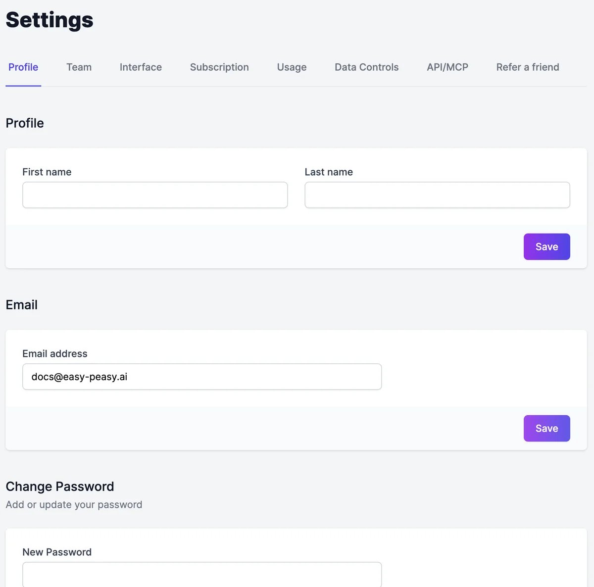 Settings on the Profile tab: the tabs Profile, Team, Interface, Subscription, Usage, Data Controls, API/MCP, and Refer a friend, then First name and Last name with Save, Email address with Save, and Change Password