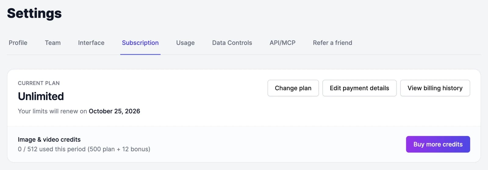 The Subscription tab: the current plan with its renewal date, buttons for Change plan, Edit payment details, and View billing history, and the image and video credits used this period