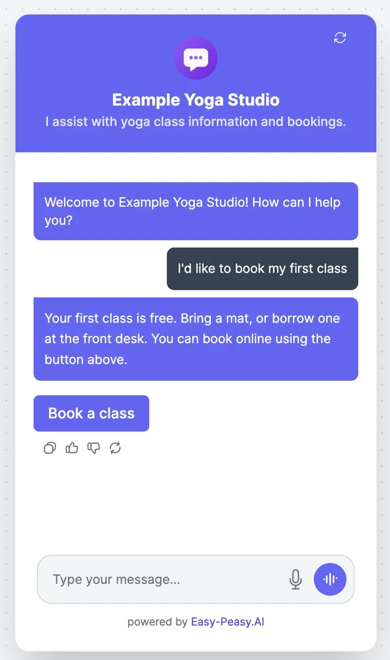 The chat: the visitor asks to book their first class, and the agent answers that the first class is free and shows a Book a class button