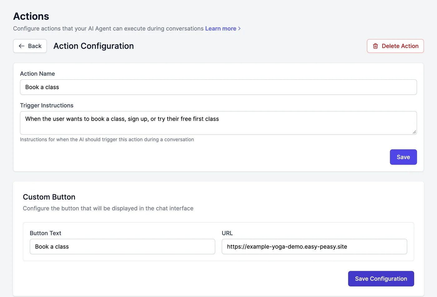 Action Configuration for Book a class: Action Name, Trigger Instructions, and the Custom Button section with Button Text Book a class and the URL of the studio's website