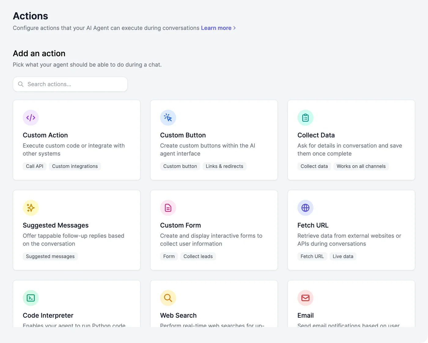 Add an action: cards for Custom Action, Custom Button, Collect Data, Suggested Messages, Custom Form, Fetch URL, Code Interpreter, Web Search, and Email