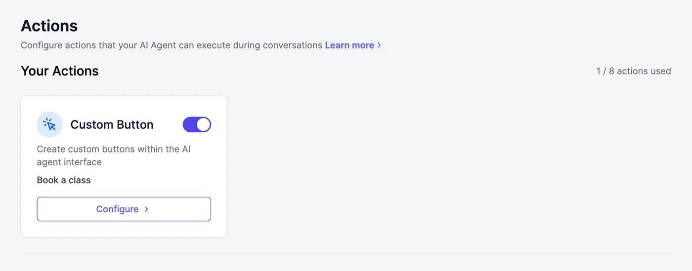 Your Actions with a Custom Button action named Book a class, switched on, with a Configure button, and 1 / 8 actions used