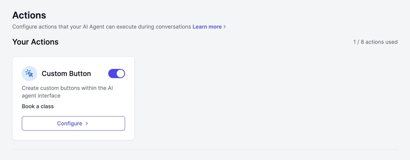Your Actions with a Custom Button action named Book a class, switched on, with a Configure button, and 1 / 8 actions used