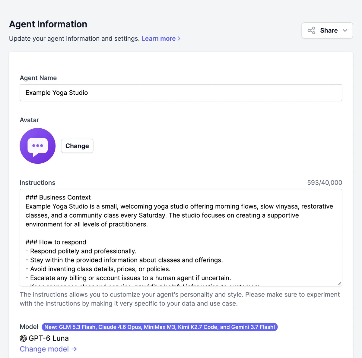 Agent Information: Agent Name Example Yoga Studio, the avatar with a Change button, Instructions with a Business Context and How to respond sections (593 of 40,000 characters), and Model GPT-6 Luna with Change model