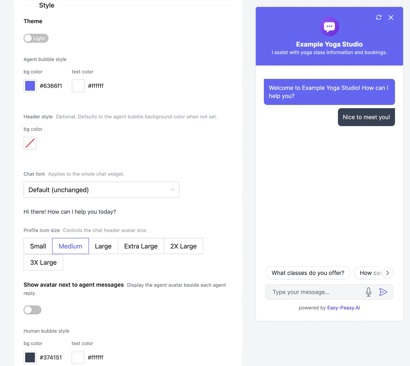 The Style section: Theme Light, Agent bubble style with background #6366f1 and white text, Header style, Chat font Default, Profile icon size Medium, Show avatar next to agent messages, and Human bubble style