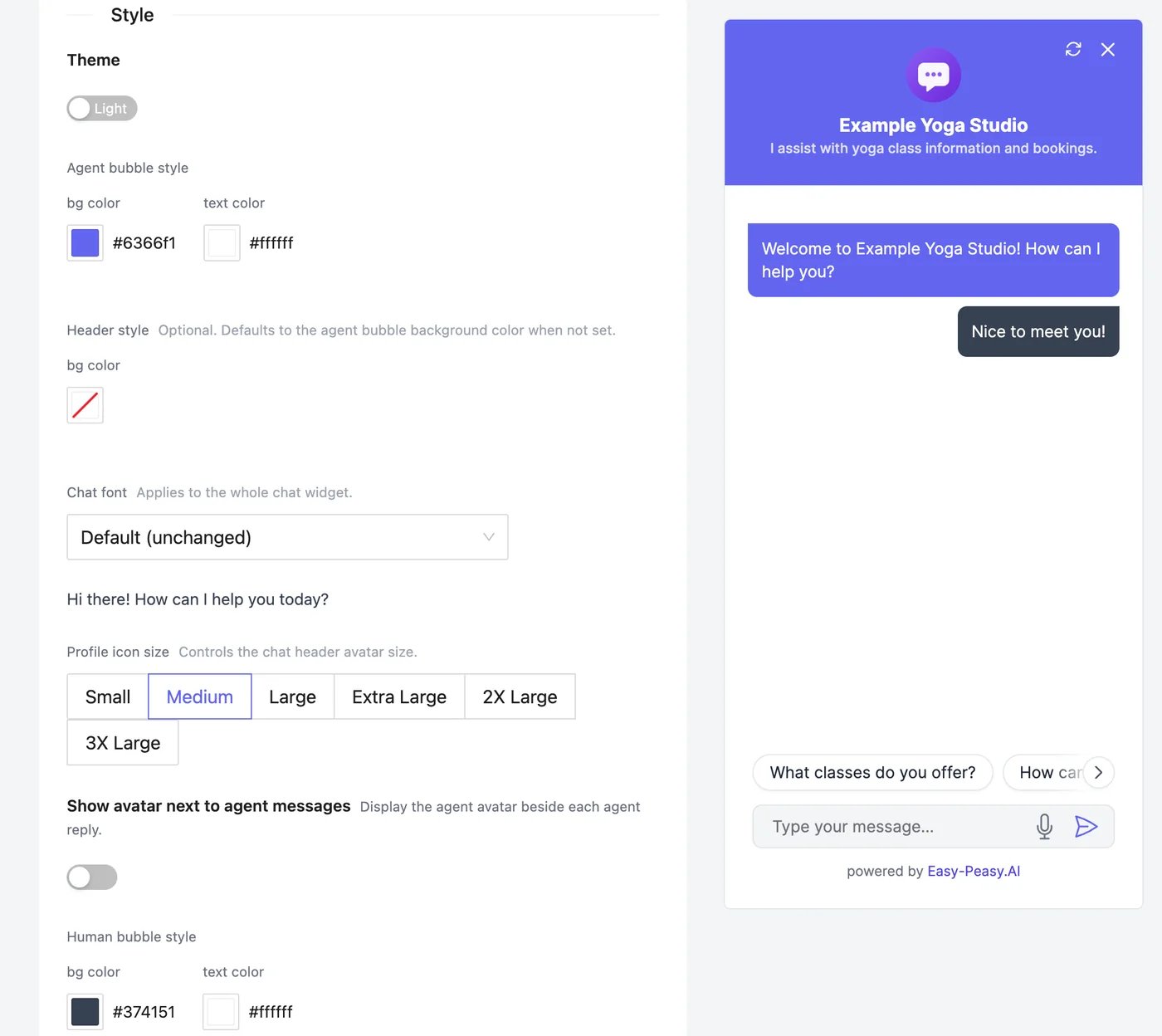 The Style section: Theme Light, Agent bubble style with background #6366f1 and white text, Header style, Chat font Default, Profile icon size Medium, Show avatar next to agent messages, and Human bubble style