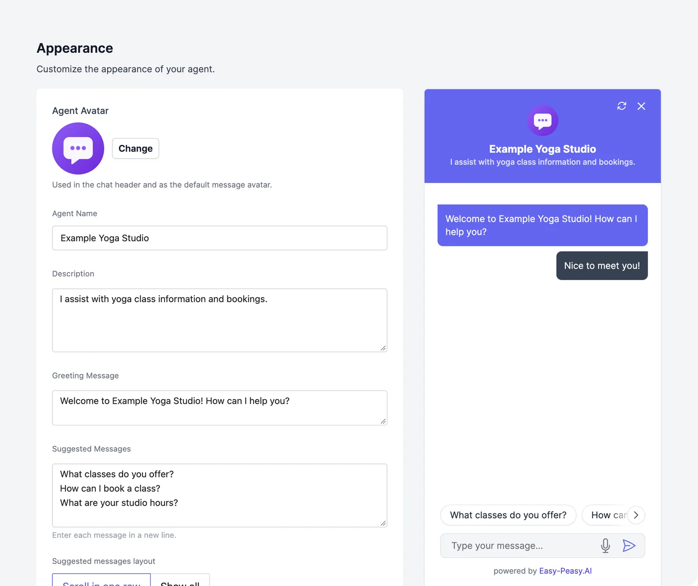 The Appearance page with Agent Avatar, Agent Name, Description, Greeting Message, and Suggested Messages, next to a preview of the chat with a purple header