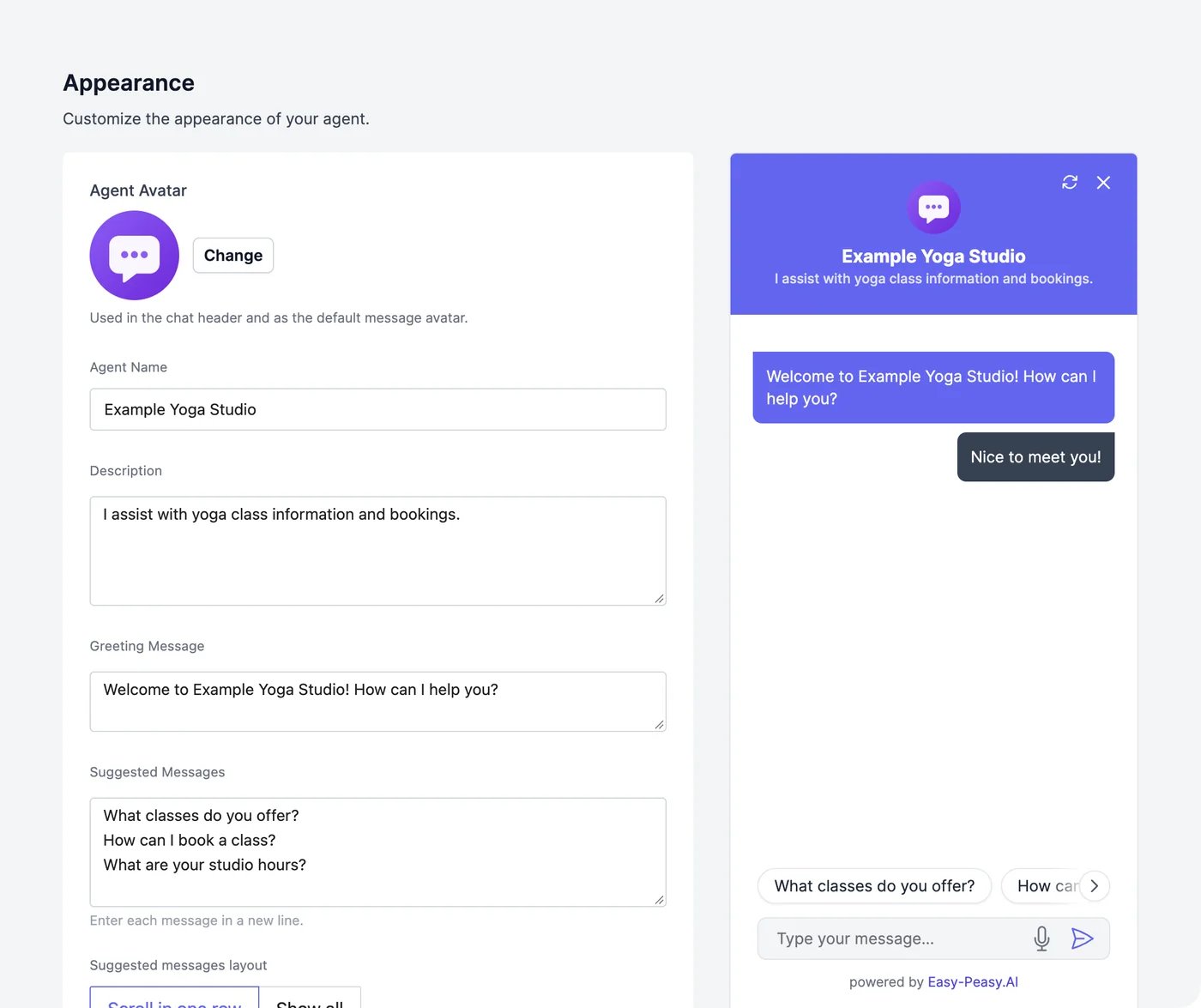 The Appearance page with Agent Avatar, Agent Name, Description, Greeting Message, and Suggested Messages, next to a preview of the chat with a purple header