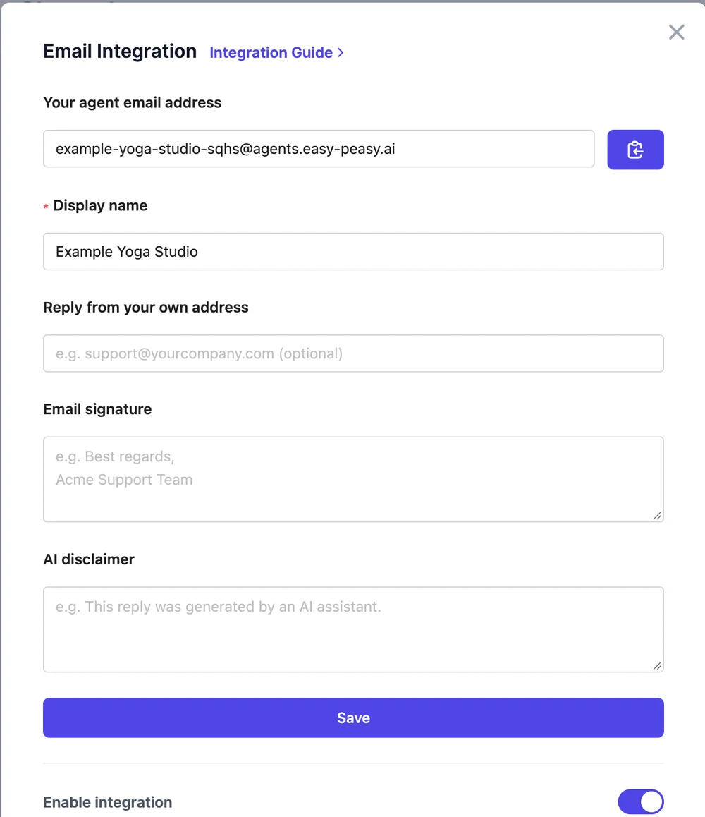 The Email Integration window with the agent's email address on agents.easy-peasy.ai, Display name Example Yoga Studio, Reply from your own address, Email signature, AI disclaimer, and the Enable integration switch