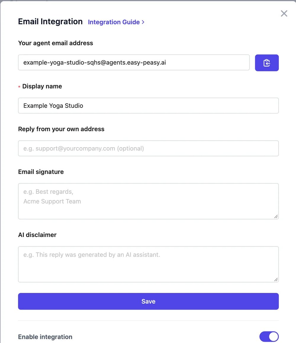 The Email Integration window with the agent's email address on agents.easy-peasy.ai, Display name Example Yoga Studio, Reply from your own address, Email signature, AI disclaimer, and the Enable integration switch