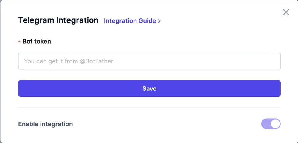 The Telegram Integration window with a Bot token field, a Save button, and the Enable integration switch