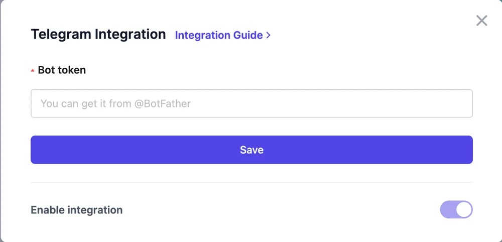 The Telegram Integration window with a Bot token field, a Save button, and the Enable integration switch