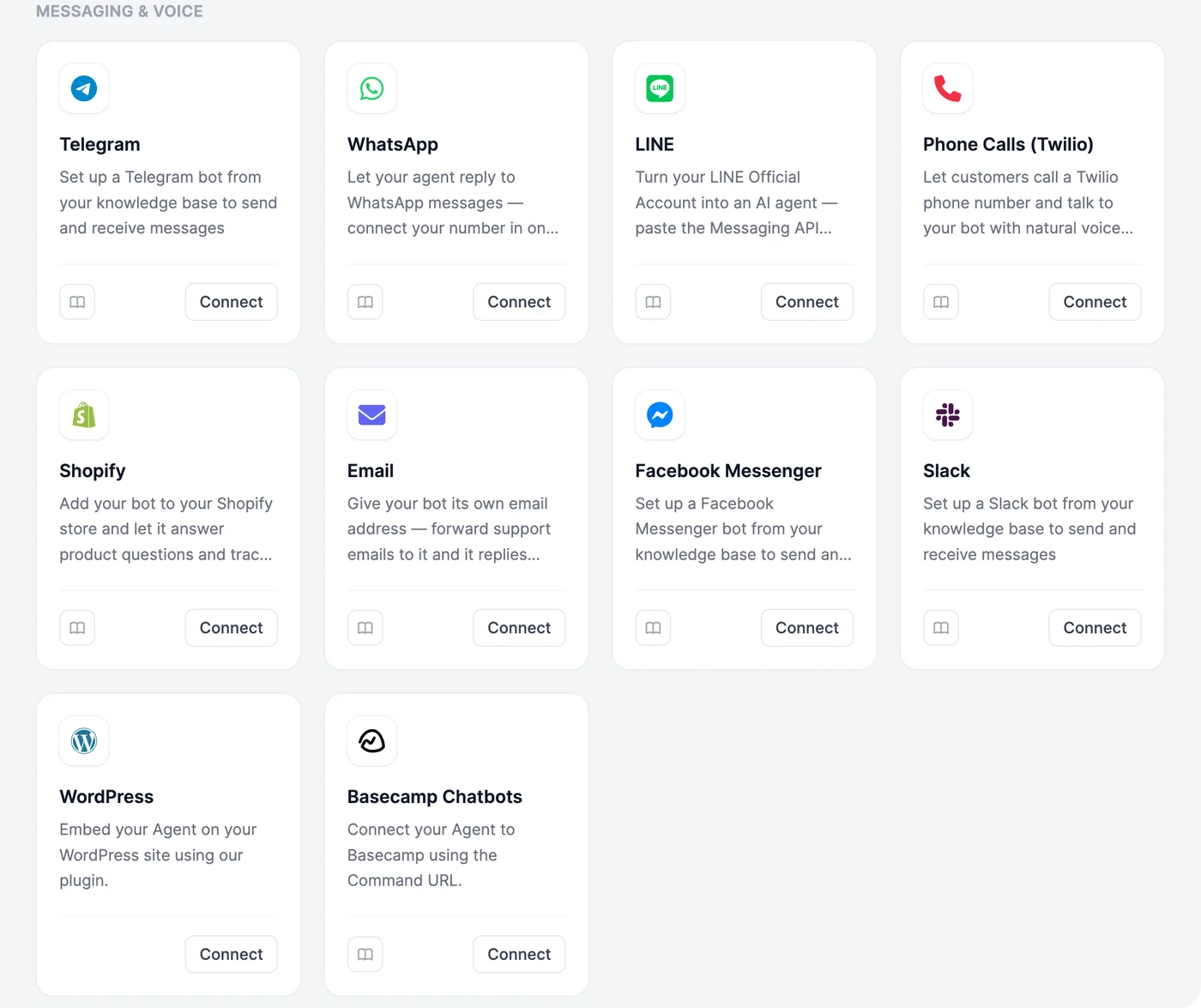 Messaging & voice channel cards: Telegram, WhatsApp, LINE, Phone Calls (Twilio), Shopify, Email, Facebook Messenger, Slack, WordPress, and Basecamp Chatbots, each with a Connect button
