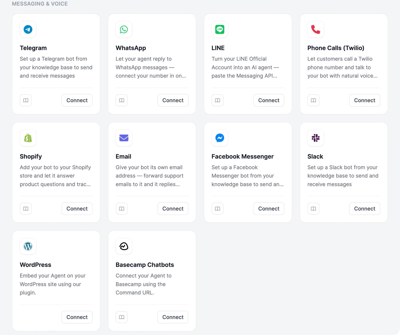 Messaging & voice channel cards: Telegram, WhatsApp, LINE, Phone Calls (Twilio), Shopify, Email, Facebook Messenger, Slack, WordPress, and Basecamp Chatbots, each with a Connect button