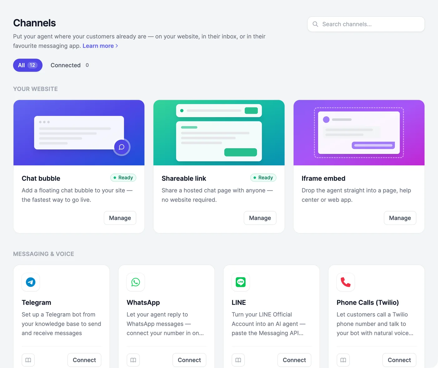 The Channels page: Your website with Chat bubble, Shareable link, and Iframe embed, and Messaging & voice with Telegram, WhatsApp, LINE, and Phone Calls (Twilio)