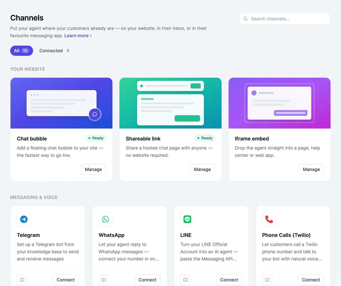 The Channels page: Your website with Chat bubble, Shareable link, and Iframe embed, and Messaging & voice with Telegram, WhatsApp, LINE, and Phone Calls (Twilio)