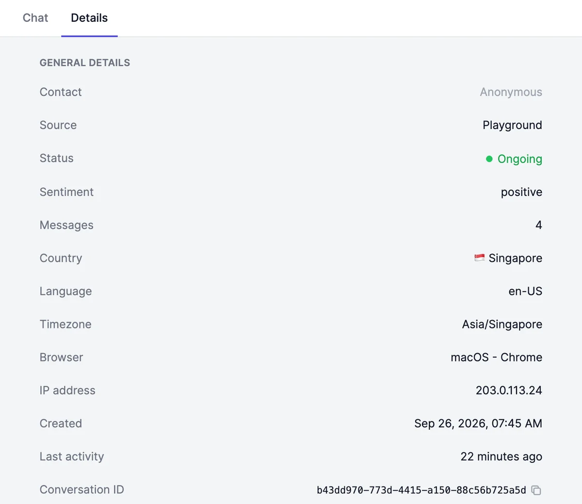The Details tab: Contact Anonymous, Source Playground, Status Ongoing, Sentiment positive, Messages 4, Country Singapore, Language en-US, Timezone Asia/Singapore, Browser macOS - Chrome, an IP address, Created, Last activity, and Conversation ID