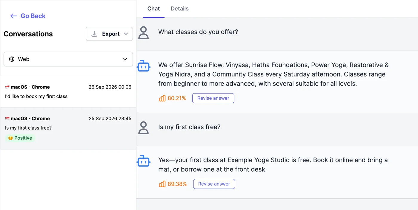 Conversations: a list of two website chats, one marked Positive, and the open conversation with two questions and the agent's answers, each with a confidence score and a Revise answer button