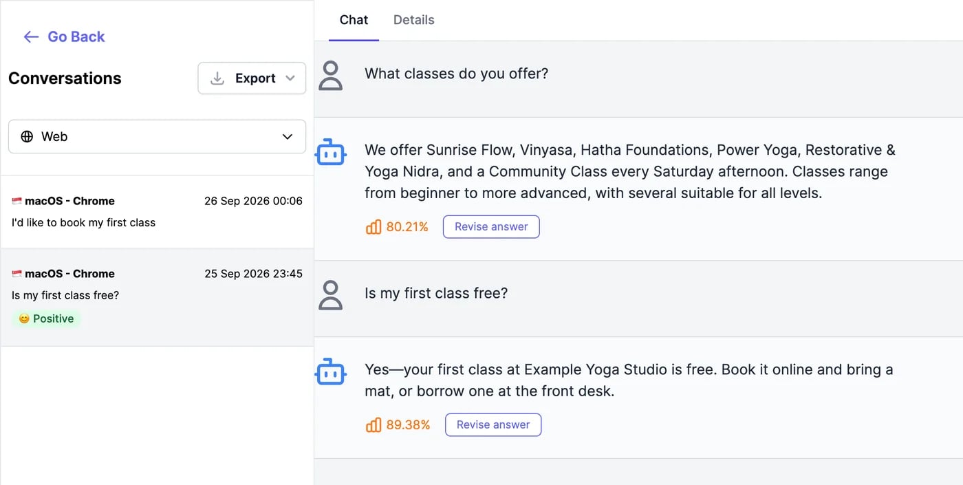 Conversations: a list of two website chats, one marked Positive, and the open conversation with two questions and the agent's answers, each with a confidence score and a Revise answer button
