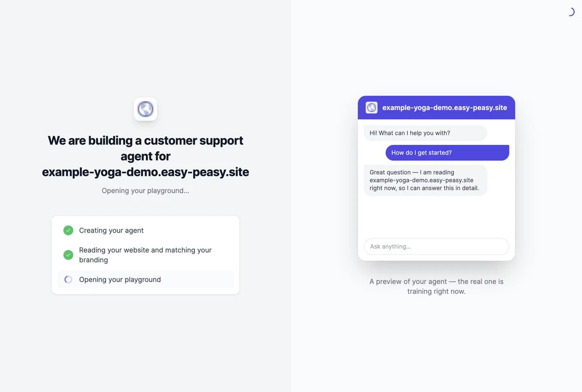 We are building a customer support agent for example-yoga-demo.easy-peasy.site, with the steps Creating your agent, Reading your website and matching your branding, and Opening your playground