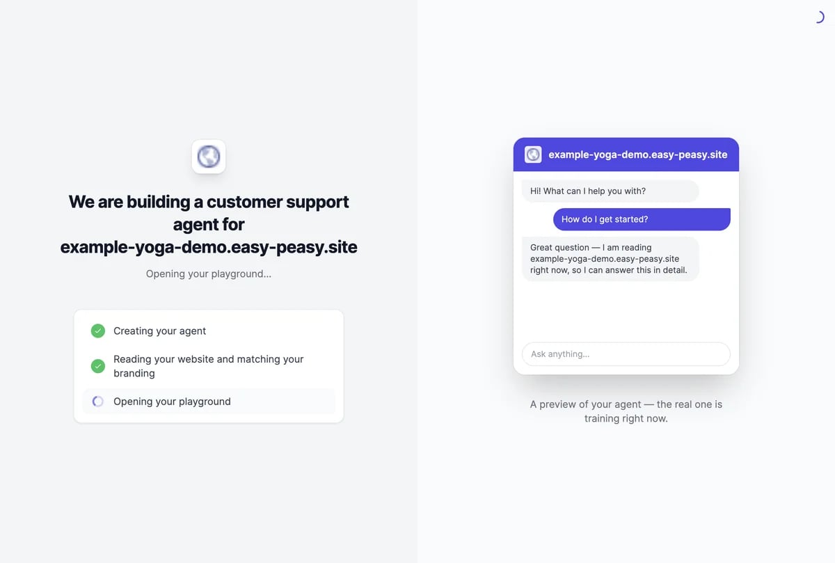 We are building a customer support agent for example-yoga-demo.easy-peasy.site, with the steps Creating your agent, Reading your website and matching your branding, and Opening your playground