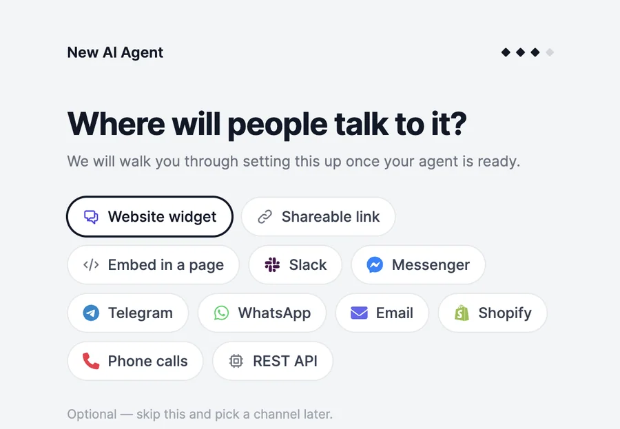 Where will people talk to it? with channel chips: Website widget (selected), Shareable link, Embed in a page, Slack, Messenger, Telegram, WhatsApp, Email, Shopify, Phone calls, REST API