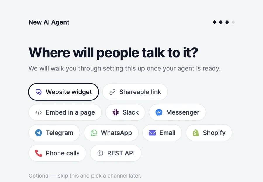 Where will people talk to it? with channel chips: Website widget (selected), Shareable link, Embed in a page, Slack, Messenger, Telegram, WhatsApp, Email, Shopify, Phone calls, REST API