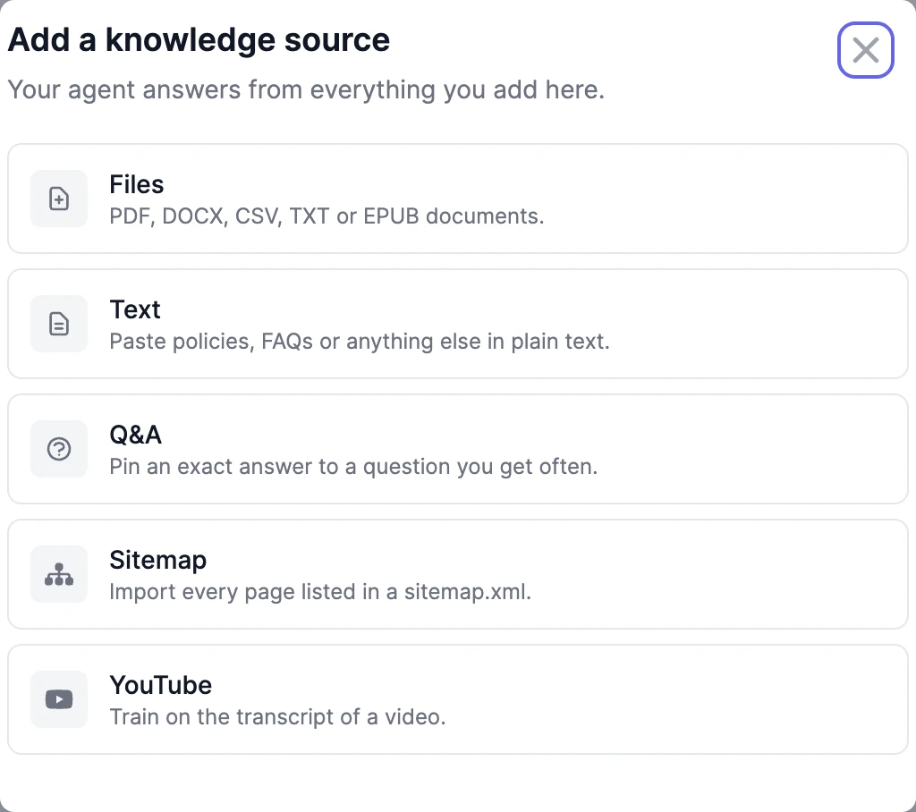 The Add a knowledge source window with Files, Text, Q&A, Sitemap, and YouTube