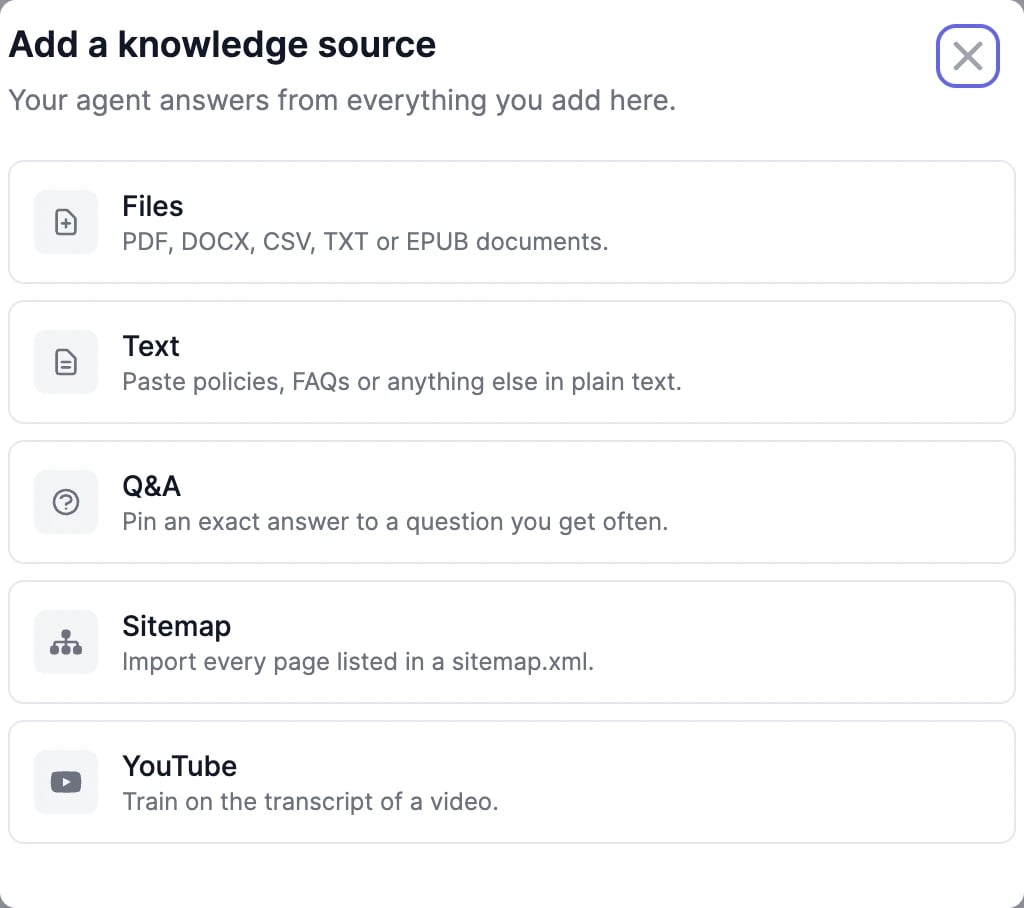 The Add a knowledge source window with Files, Text, Q&A, Sitemap, and YouTube