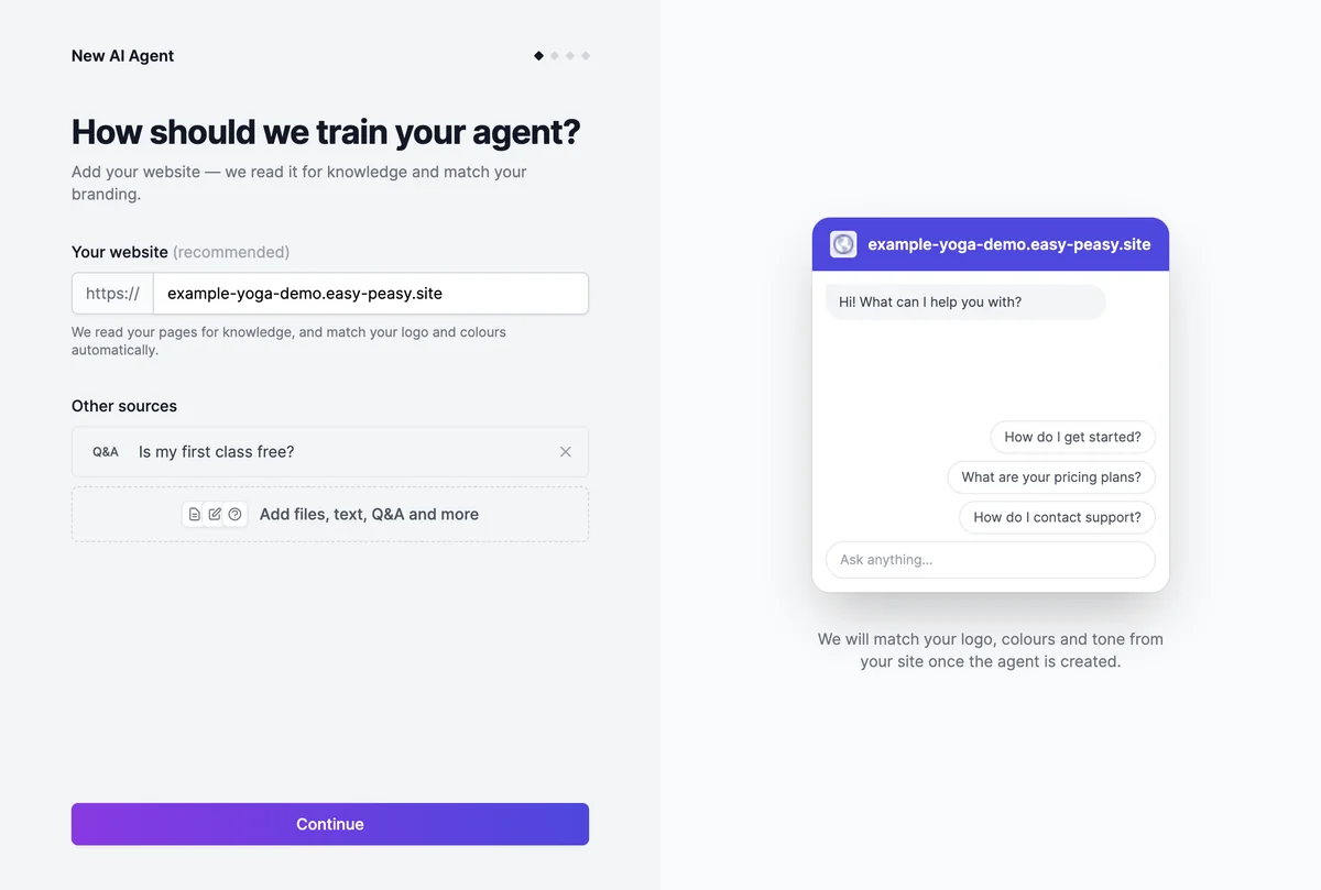 Step one of New AI Agent: the website example-yoga-demo.easy-peasy.site, a Q&A source Is my first class free?, and a preview of the chat