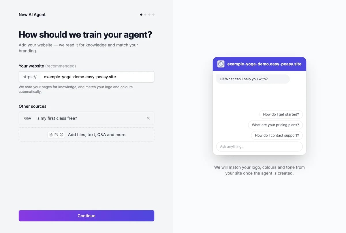 Step one of New AI Agent: the website example-yoga-demo.easy-peasy.site, a Q&A source Is my first class free?, and a preview of the chat